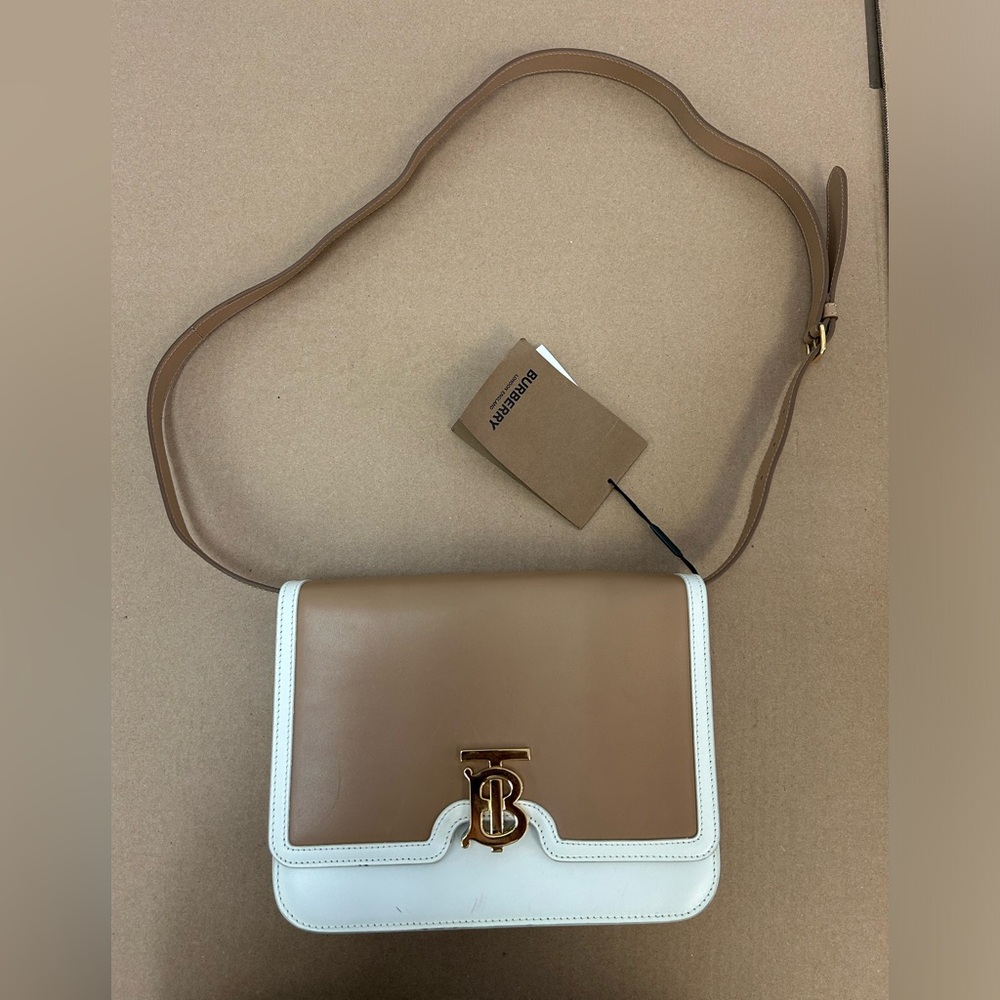 Burberry Brown and White Leather TB Shoulder Bag